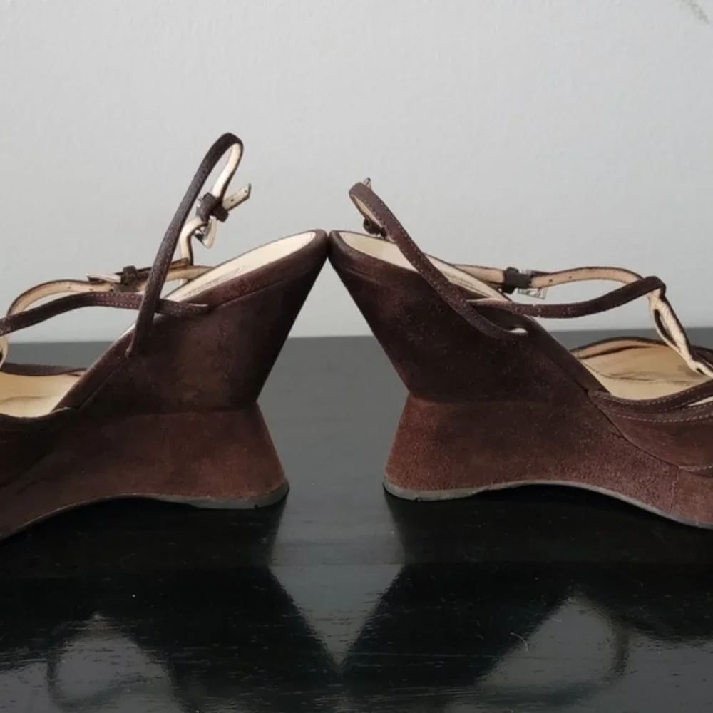Prada Dark Brown Suede Wedge Sandals Size 37